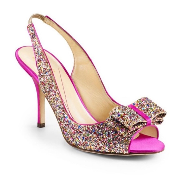 Kate Spade Charm Hot Pink Satin & Rainbow Sparkle Glitter Slingback Heels Size 6 - Picture 1 of 7